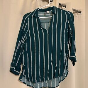H&M brand green & white striped 3/4 sleeve top